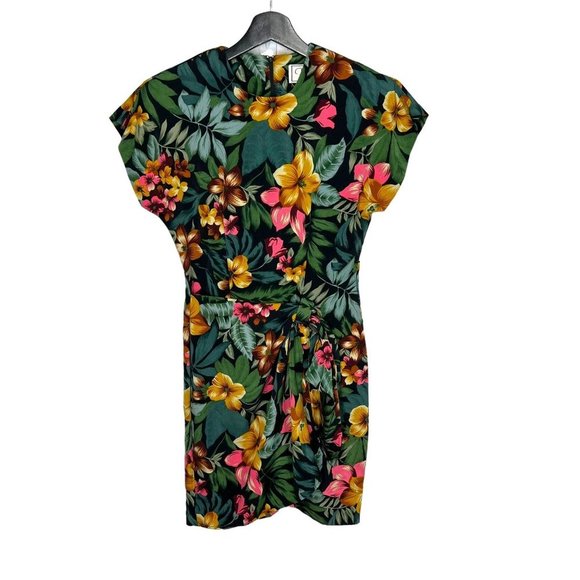Vintage Dresses & Skirts - Vintage 90s Green Jungle Floral Short Sleeve Faux Wrap Knee Length Dress Small